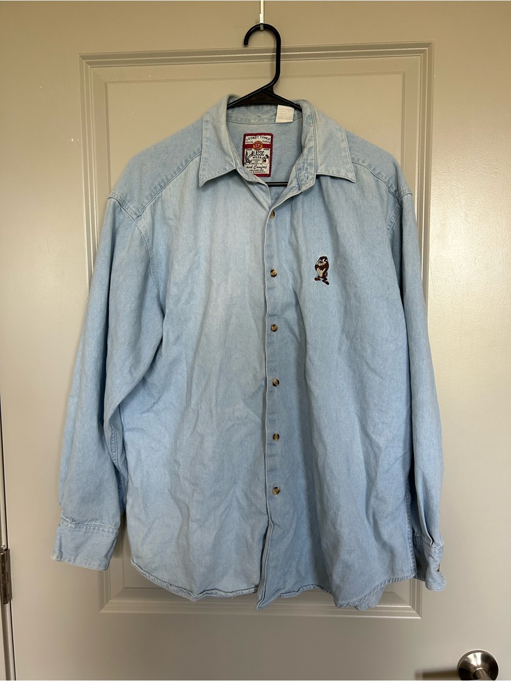 90s Looney Toones Light Blue Denim Button-Down Shirt with Embroidery